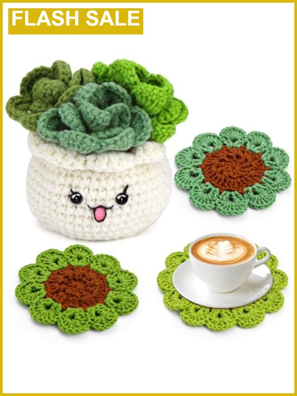 Crochet Kit for Beginners 3PC Coaster Potted Plant DIY Craft Set